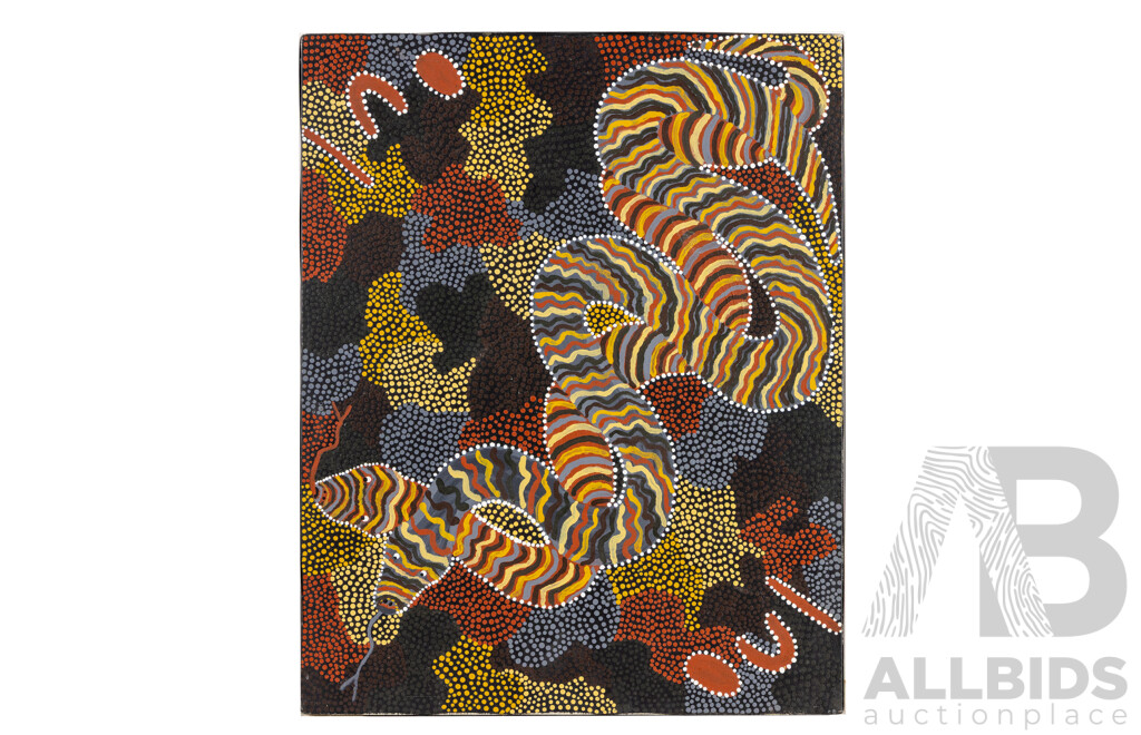 Daisy Currie (20th Century, Indigenous-Australian), Sacred Waterhole Dreaming, Original Vintage Acrylic on Canvas, 51H x 41W cm (frame)