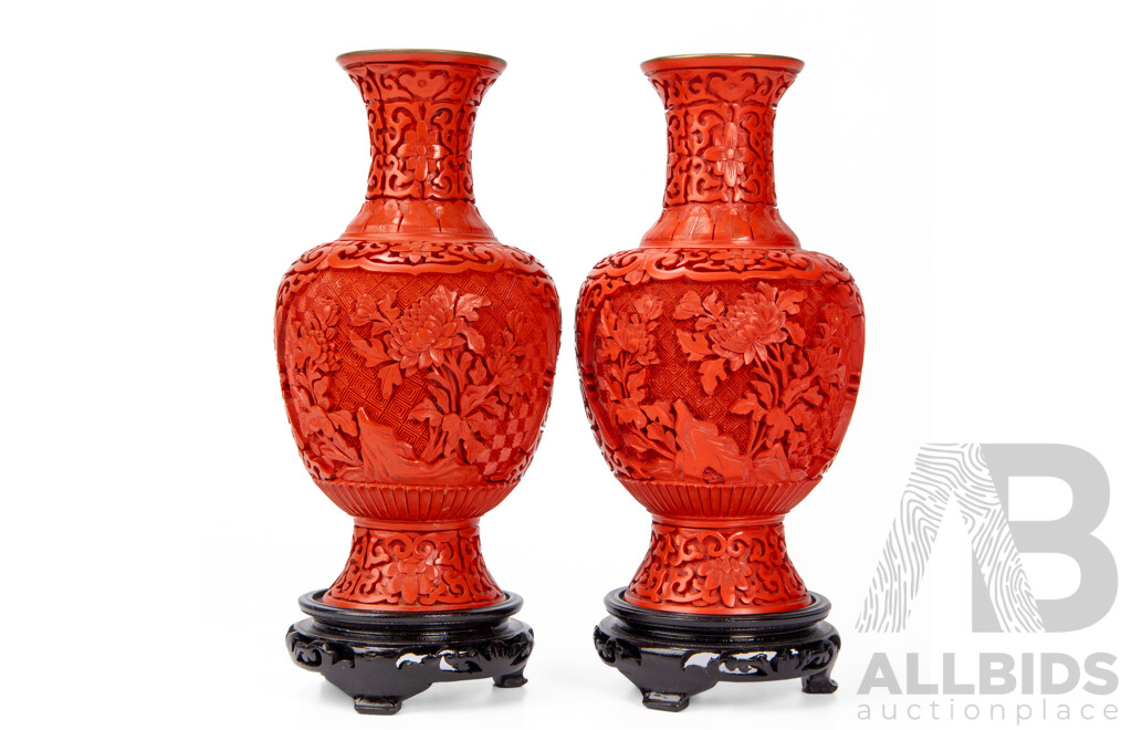 Pair of Boxed Vintage Chinese Lacquer Ware Vases on Stands