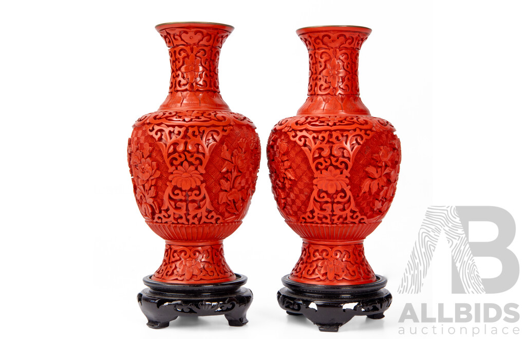 Pair of Boxed Vintage Chinese Lacquer Ware Vases on Stands