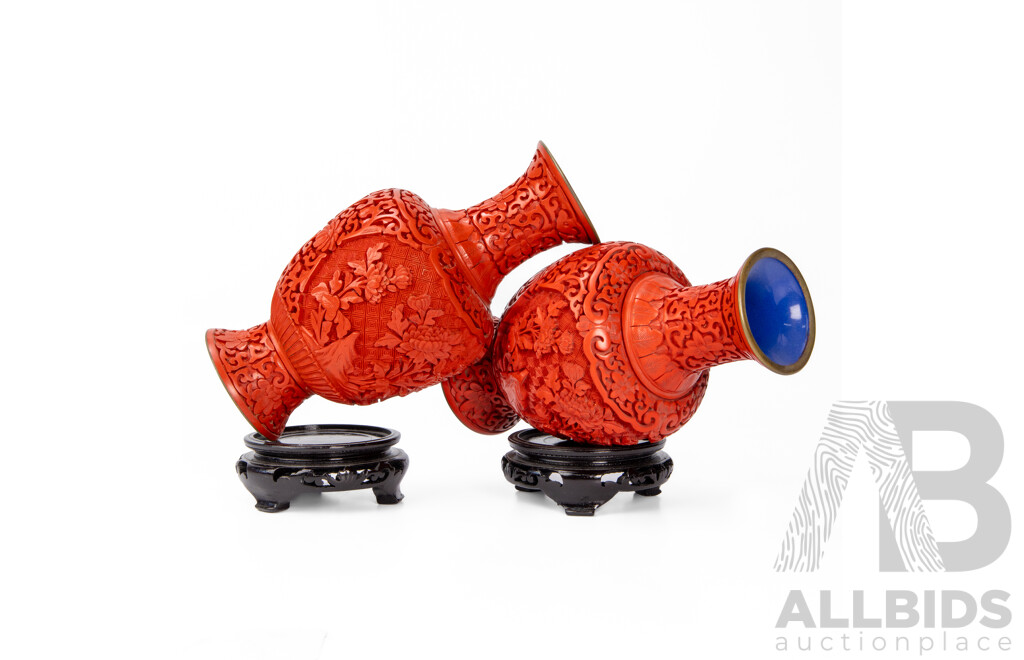 Pair of Boxed Vintage Chinese Lacquer Ware Vases on Stands