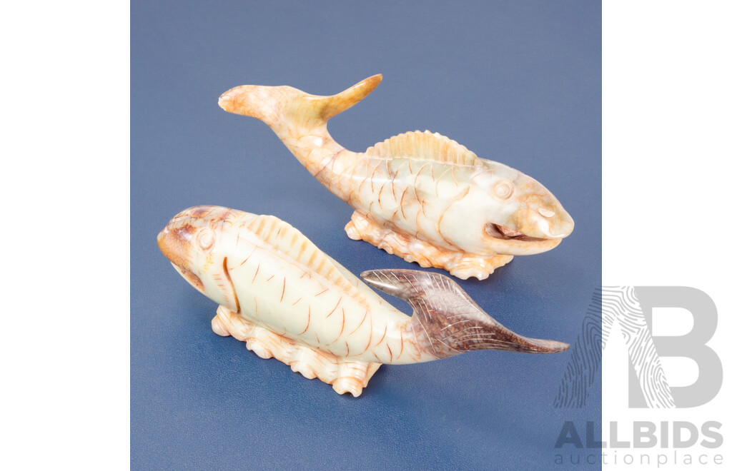 Pair of Wonderful Vintage Hand Carved Soapstone Koi Fish Featuring Moving Pearl in Each Mouth, 21L x 7H cm (approx) (2)