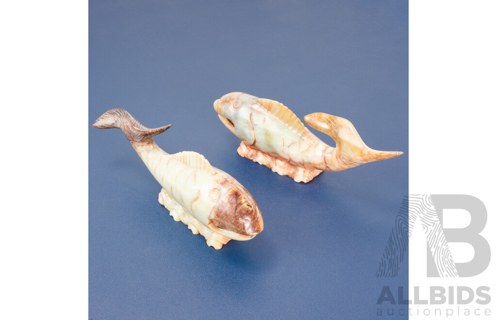 Pair of Wonderful Vintage Hand Carved Soapstone Koi Fish Featuring Moving Pearl in Each Mouth, 21L x 7H cm (approx) (2)