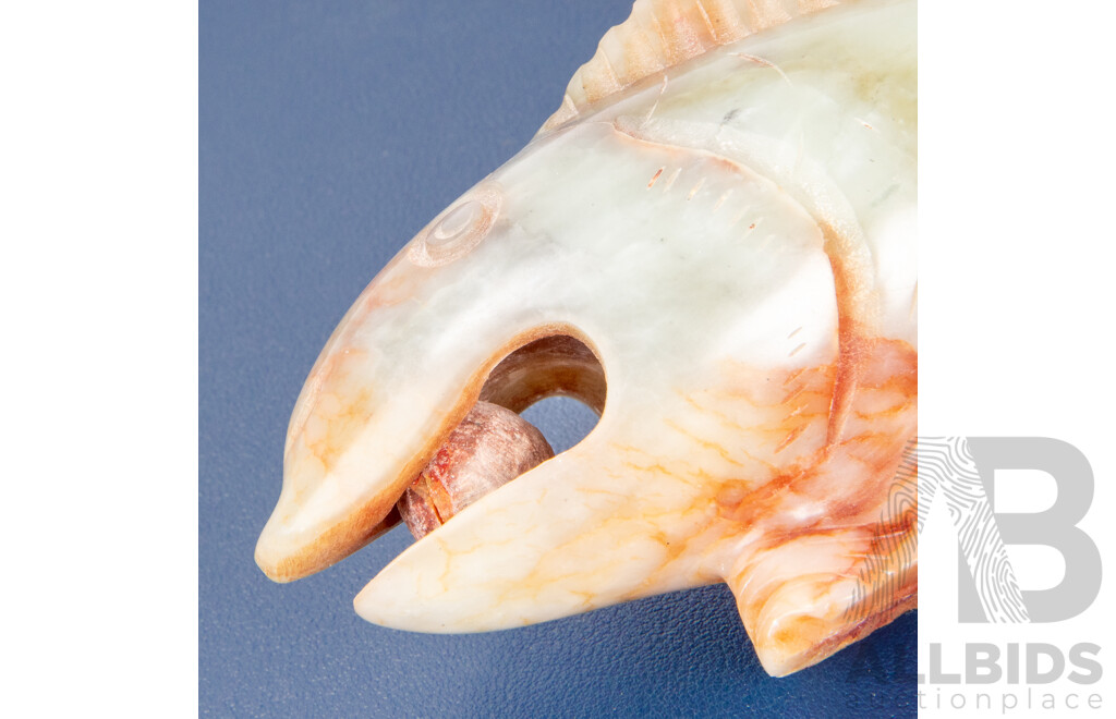 Pair of Wonderful Vintage Hand Carved Soapstone Koi Fish Featuring Moving Pearl in Each Mouth, 21L x 7H cm (approx) (2)
