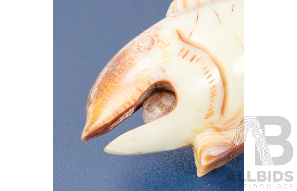 Pair of Wonderful Vintage Hand Carved Soapstone Koi Fish Featuring Moving Pearl in Each Mouth, 21L x 7H cm (approx) (2)