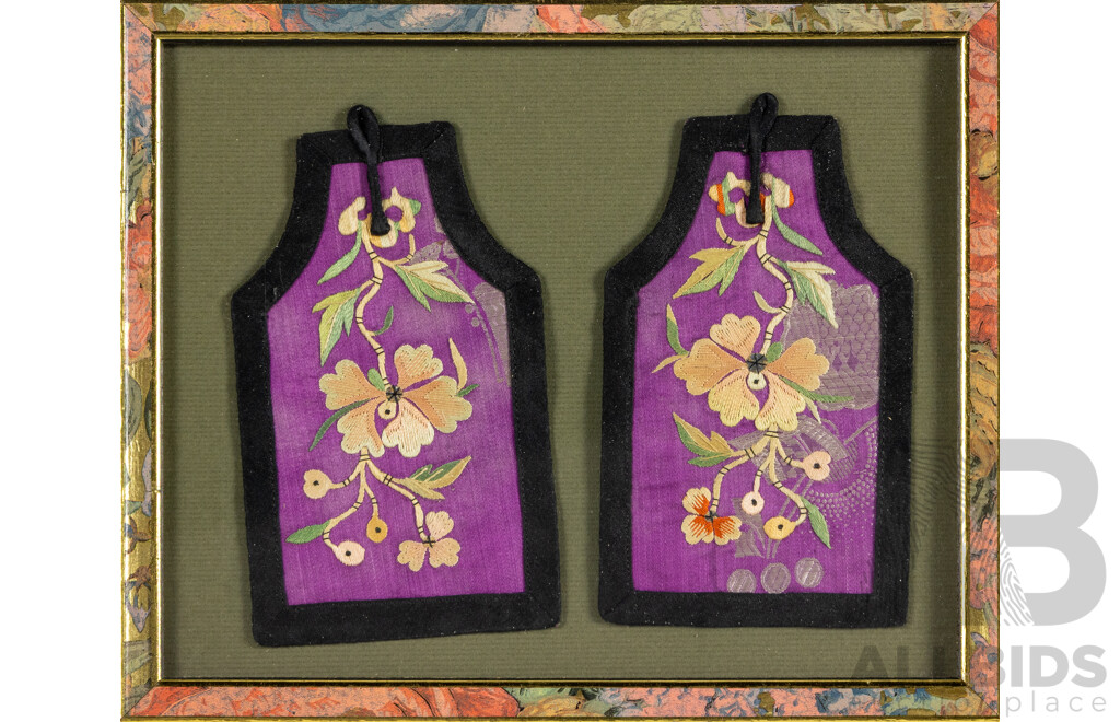 Wonderful Pair of Antique Chinese Silk Embroidered Removable Sleeve Pouches, 22H x 27W cm (frame)