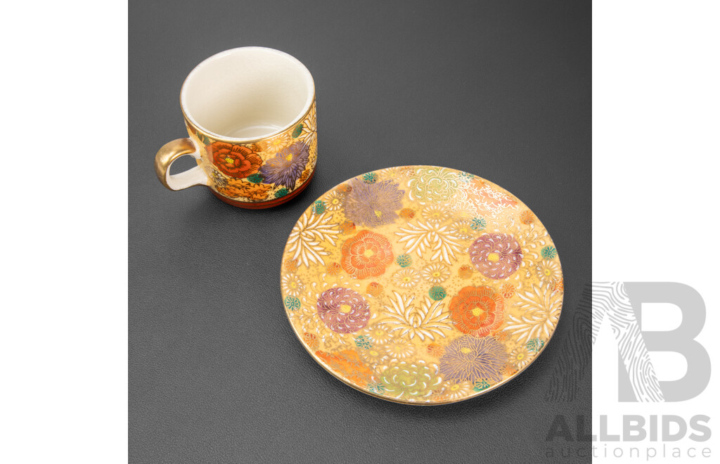 Antique Earthenware Satsuma 'Thousand Flowers' [Hyakka-mon] Cup and Saucer, 14 x 14 cm (saucer dimensions) (2)