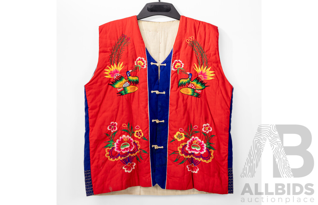 Original Vintage 1980s Handcrafted Chinese Quilted Cotton Vest with Embroidered Embellishments & 3D 'Creepy Crawlies', 62L x 58W cm (approx sizing)