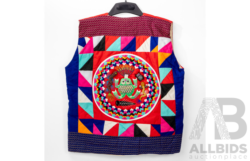 Original Vintage 1980s Handcrafted Chinese Quilted Cotton Vest with Embroidered Embellishments & 3D 'Creepy Crawlies', 62L x 58W cm (approx sizing)