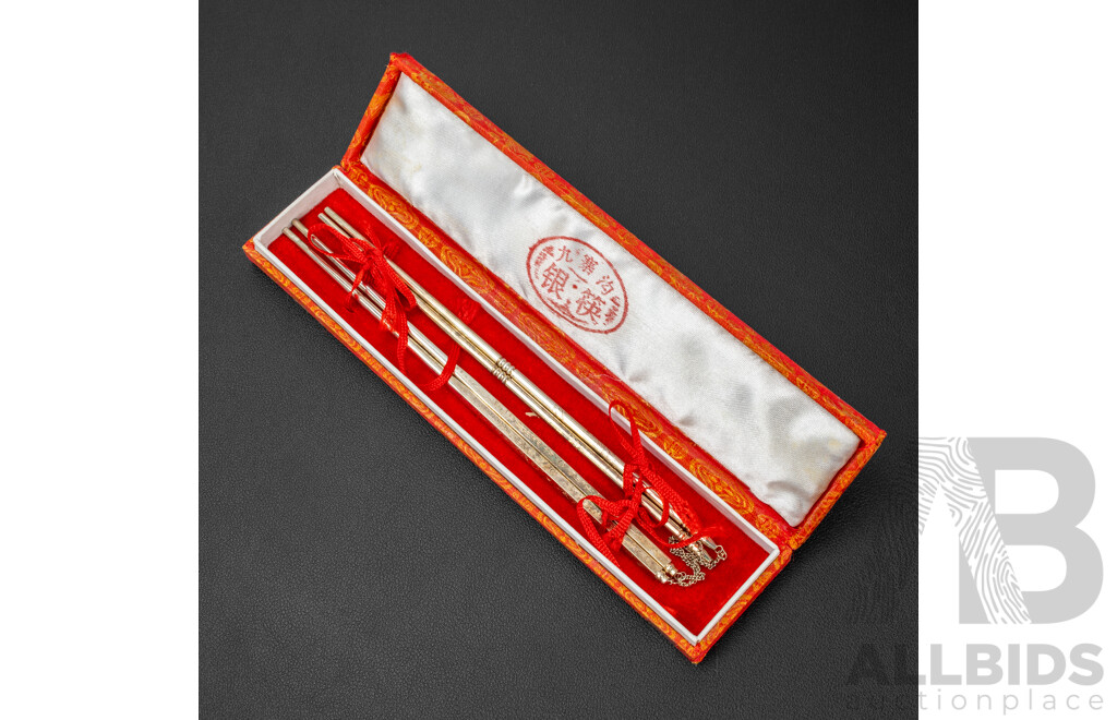 Lovely Set of Two Pairs of Silver Plated Chop Sticks with Engraved Handles and Adjoining Chain, in Original Presentation Box, 23L x 5W x 2D cm (box dimensions)