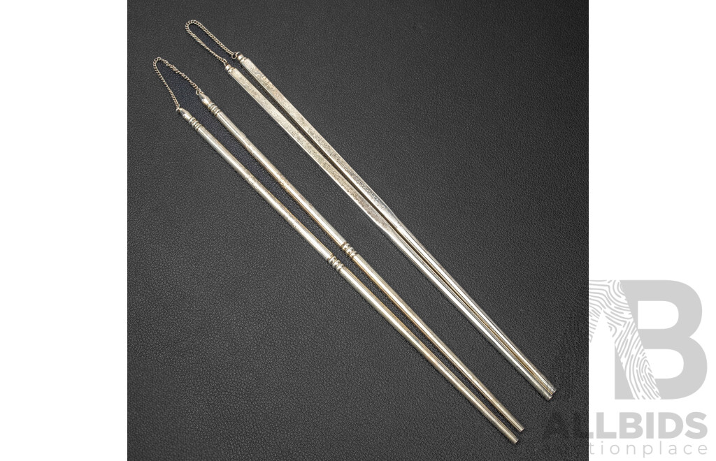 Lovely Set of Two Pairs of Silver Plated Chop Sticks with Engraved Handles and Adjoining Chain, in Original Presentation Box, 23L x 5W x 2D cm (box dimensions)