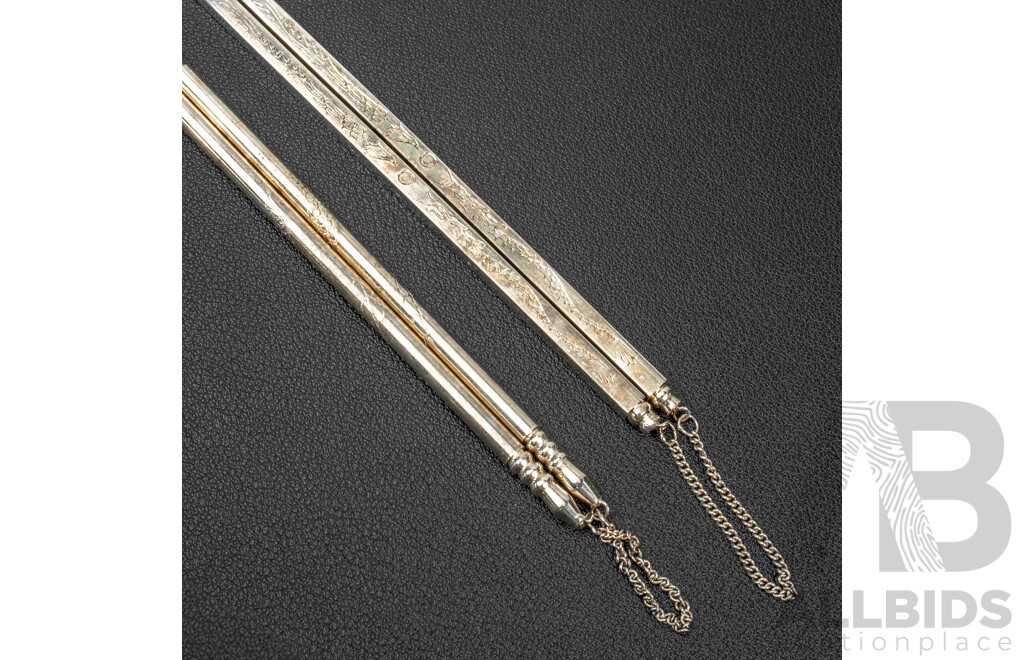 Lovely Set of Two Pairs of Silver Plated Chop Sticks with Engraved Handles and Adjoining Chain, in Original Presentation Box, 23L x 5W x 2D cm (box dimensions)