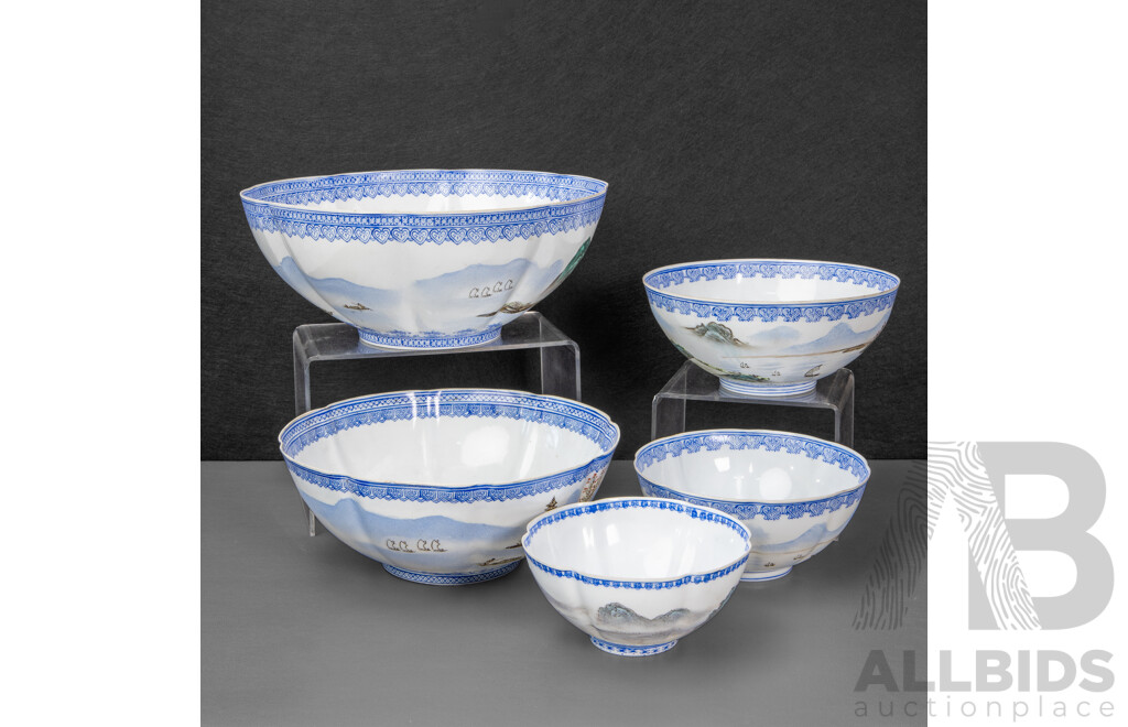 Wonderful Boxed Set of Five Vintage Hand-Decorated Eggshell Porcelain Bowls (c1970s), 27L x 27W x 13D cm (box dimensions)