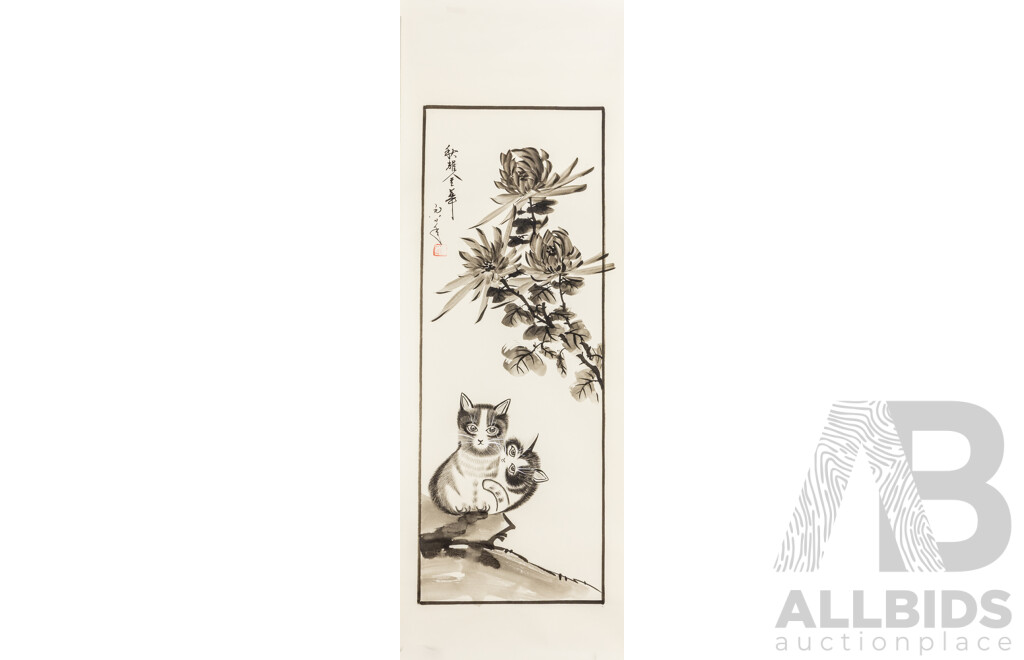 Jiu Shan (20th Century, Chinese), The Four Seasons with Cats [The Four Gentlemen] (1998), Original Set of Four Original Ink & Wash Works on Paper, 78H x 27W cm (4)