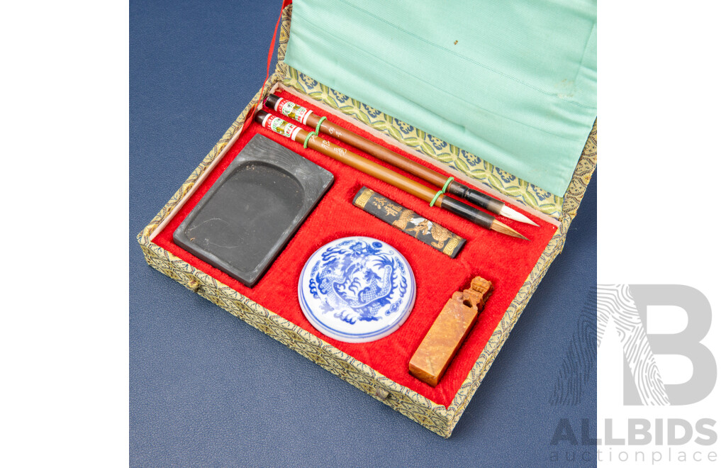 Vintage 'Four Treasures of the Study' Chinese Calligraphy and Seal Carving Set in Original Box, 18L x 13W x 3D cm (box)