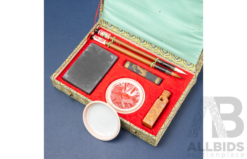 Vintage 'Four Treasures of the Study' Chinese Calligraphy and Seal Carving Set in Original Box, 18L x 13W x 3D cm (box)