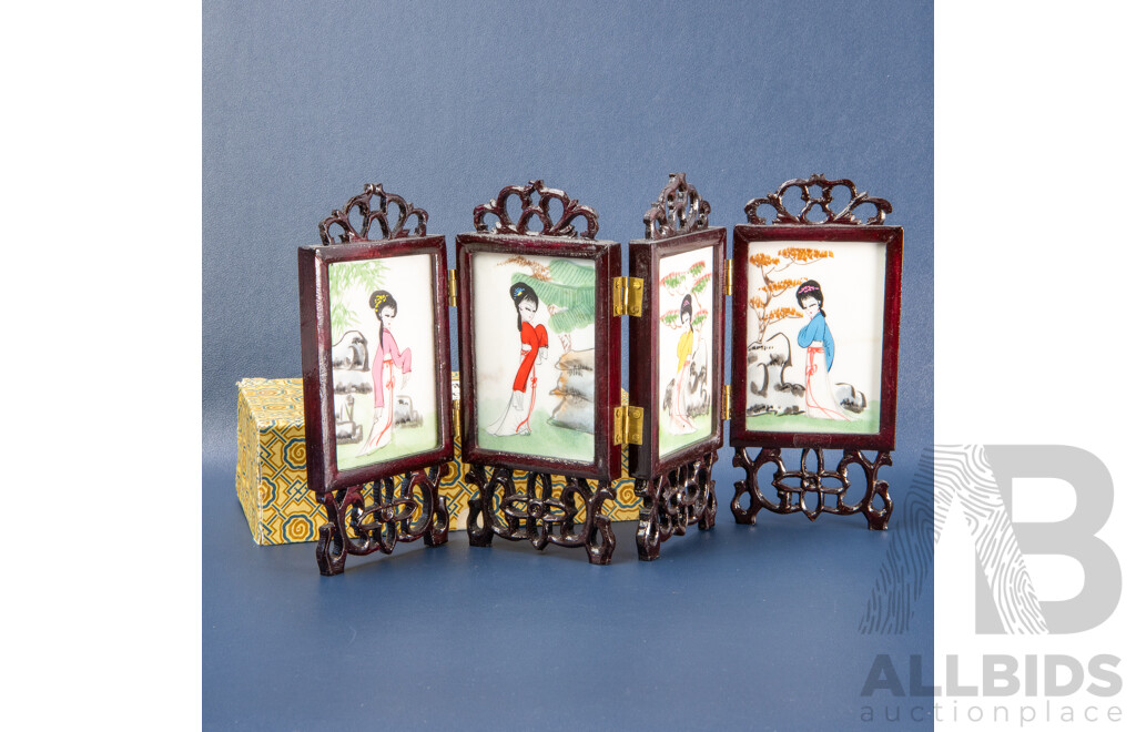 Artists Unknown (20th Century, Chinese), Four Great Beauties & Flowers of Four Seasons (c1970s), Original Handpainted Coloured Enamel & Pigment on Chinese Marble Panels Miniature Folding Screen, 29L x 14W cm (laid Flat)