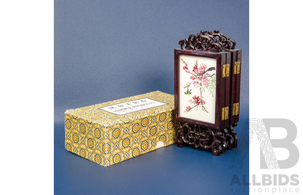 Artists Unknown (20th Century, Chinese), Four Great Beauties & Flowers of Four Seasons (c1970s), Original Handpainted Coloured Enamel & Pigment on Chinese Marble Panels Miniature Folding Screen, 29L x 14W cm (laid Flat)