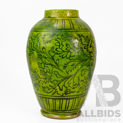 Hand Painted Decorative Antique Persian Potted Vase, Featuring Birds & Blossoms with Yellow-Green Glaze (c1900), 26H cm
