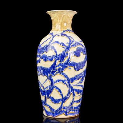 Beautiful Hand Made Cream Ceramic Vase Decorated with Textured Web of Blue Glaze, Iranian Studio Pottery, 37H cm