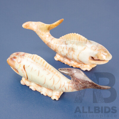 Pair of Wonderful Vintage Hand Carved Soapstone Koi Fish Featuring Moving Pearl in Each Mouth, 21L x 7H cm (approx) (2)