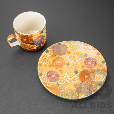 Antique Earthenware Satsuma 'Thousand Flowers' [Hyakka-mon] Cup and Saucer, 14 x 14 cm (saucer dimensions) (2)