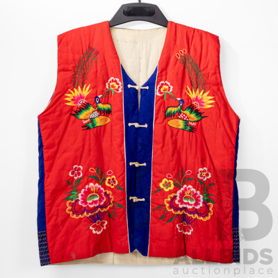 Original Vintage 1980s Handcrafted Chinese Quilted Cotton Vest with Embroidered Embellishments & 3D 'Creepy Crawlies', 62L x 58W cm (approx sizing)
