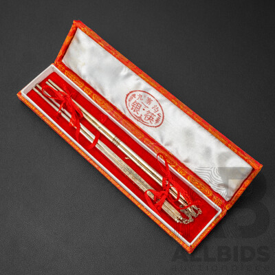 Lovely Set of Two Pairs of Silver Plated Chop Sticks with Engraved Handles and Adjoining Chain, in Original Presentation Box, 23L x 5W x 2D cm (box dimensions)