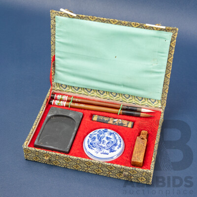 Vintage 'Four Treasures of the Study' Chinese Calligraphy and Seal Carving Set in Original Box, 18L x 13W x 3D cm (box)