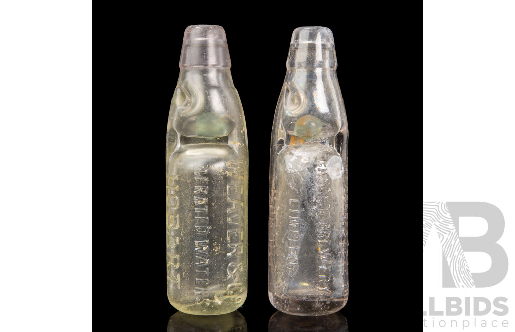 Pair of Vintage Tasmanian Glass Bottles with Marble Stoppers