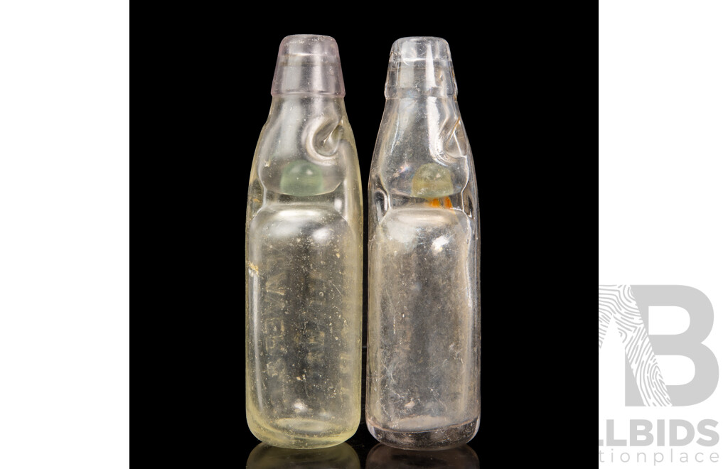 Pair of Vintage Tasmanian Glass Bottles with Marble Stoppers