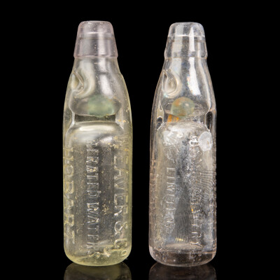 Pair of Vintage Tasmanian Glass Bottles with Marble Stoppers