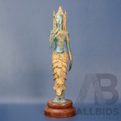 Vintage Metal Thai Dancer Statue on Timber Base