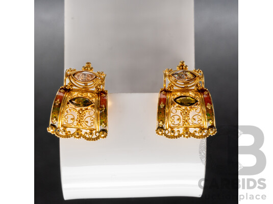 1660678 · 17ct Yellow Gold Earrings with Green & White Stones, with Valuation - 7.62gms