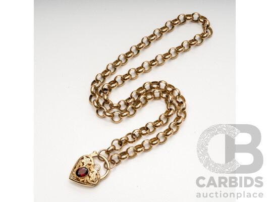 1660669 · 9ct Yellow Gold Belcher Necklace with Heart Locket & Oval Garnet. Length - 50cms