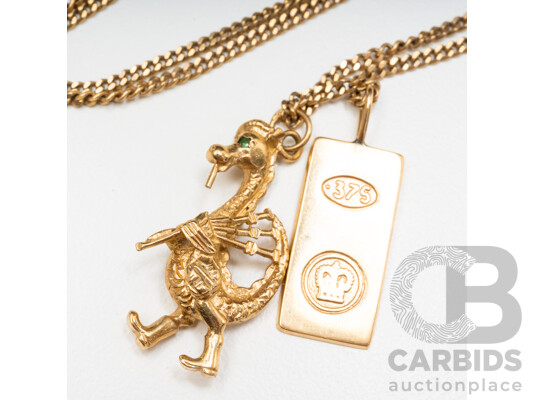 1660674 · 9ct Yellow Gold Curb Necklace & (2) Pendants - 8.58gms