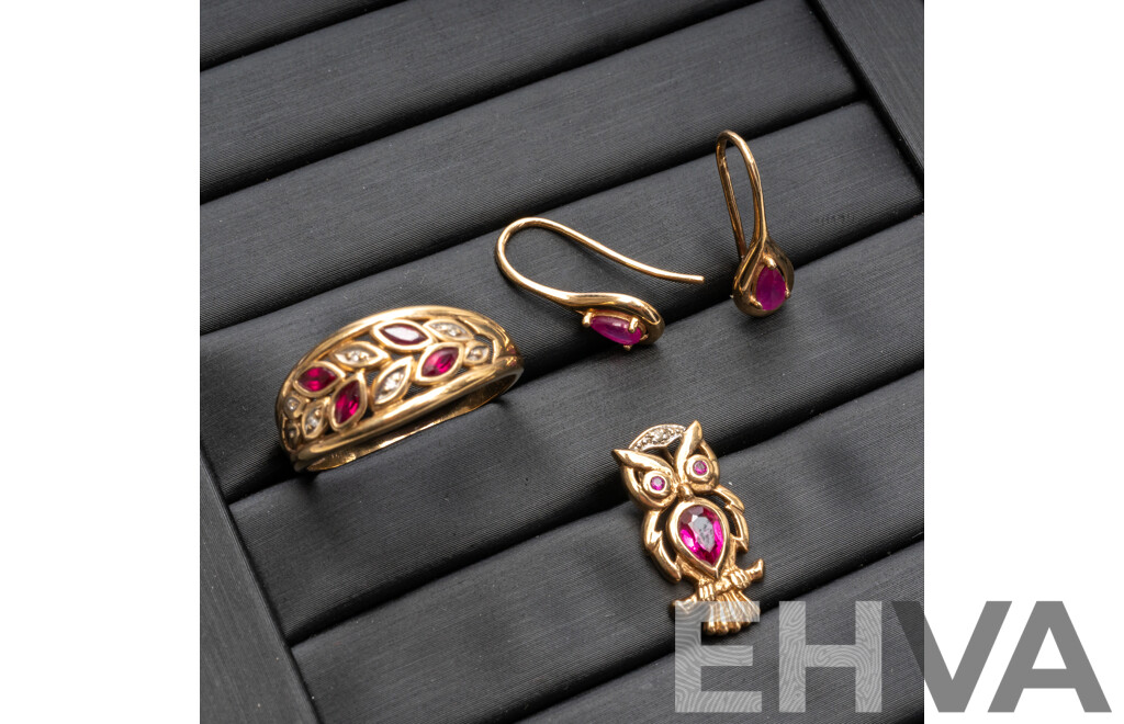 9ct Yellow Gold Ruby & Diamond Ring, Earrings & Pendant Set - 5.23gms