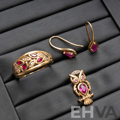 9ct Yellow Gold Ruby & Diamond Ring, Earrings & Pendant Set - 5.23gms
