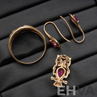 9ct Yellow Gold Ruby & Diamond Ring, Earrings & Pendant Set - 5.23gms
