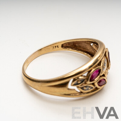 9ct Yellow Gold Ruby & Diamond Ring, Earrings & Pendant Set - 5.23gms