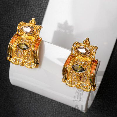 17ct Yellow Gold Earrings with Green & White Stones, with Valuation - 7.62gms