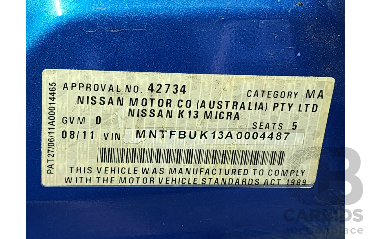 8/2011 Nissan Micra ST K13 5d Hatchback Blue 1.2L