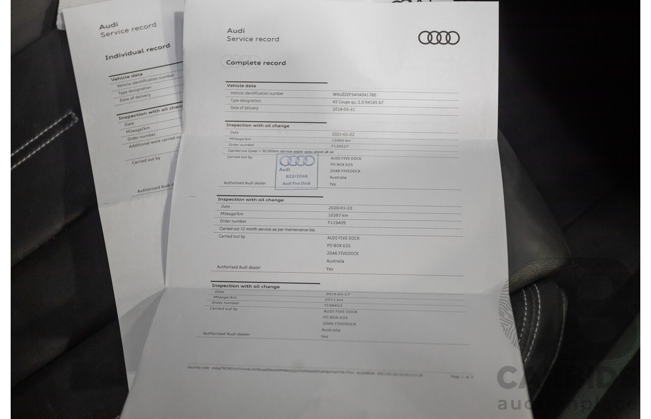 11/2017 Audi A5 2.0 TFSI Quattro S Tronic Sport (AWD) F5 MY18 2D Coupe Glacier White Metallic Turbo 2.0L