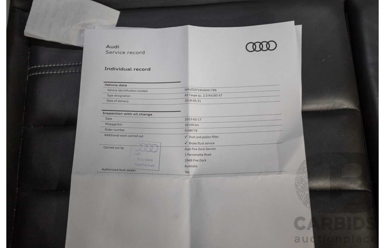 11/2017 Audi A5 2.0 TFSI Quattro S Tronic Sport (AWD) F5 MY18 2D Coupe Glacier White Metallic Turbo 2.0L