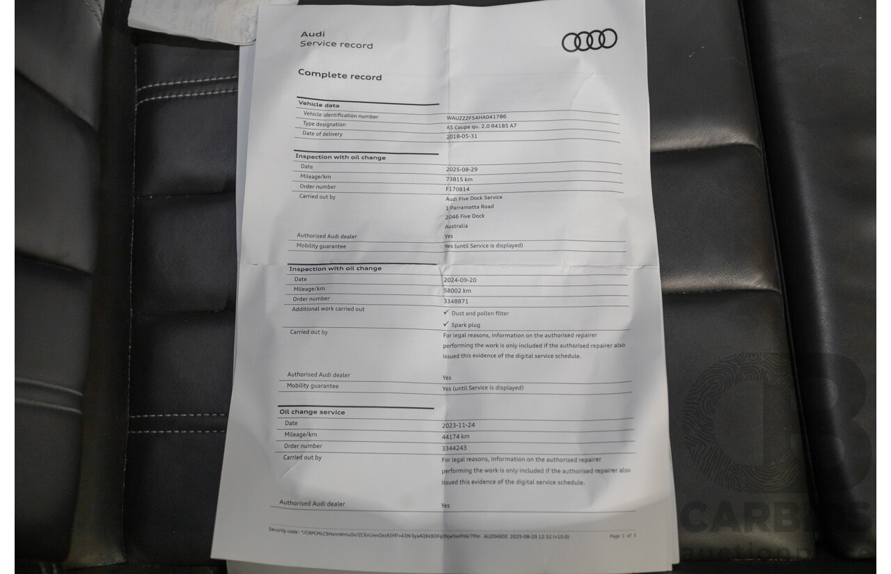 11/2017 Audi A5 2.0 TFSI Quattro S Tronic Sport (AWD) F5 MY18 2D Coupe Glacier White Metallic Turbo 2.0L