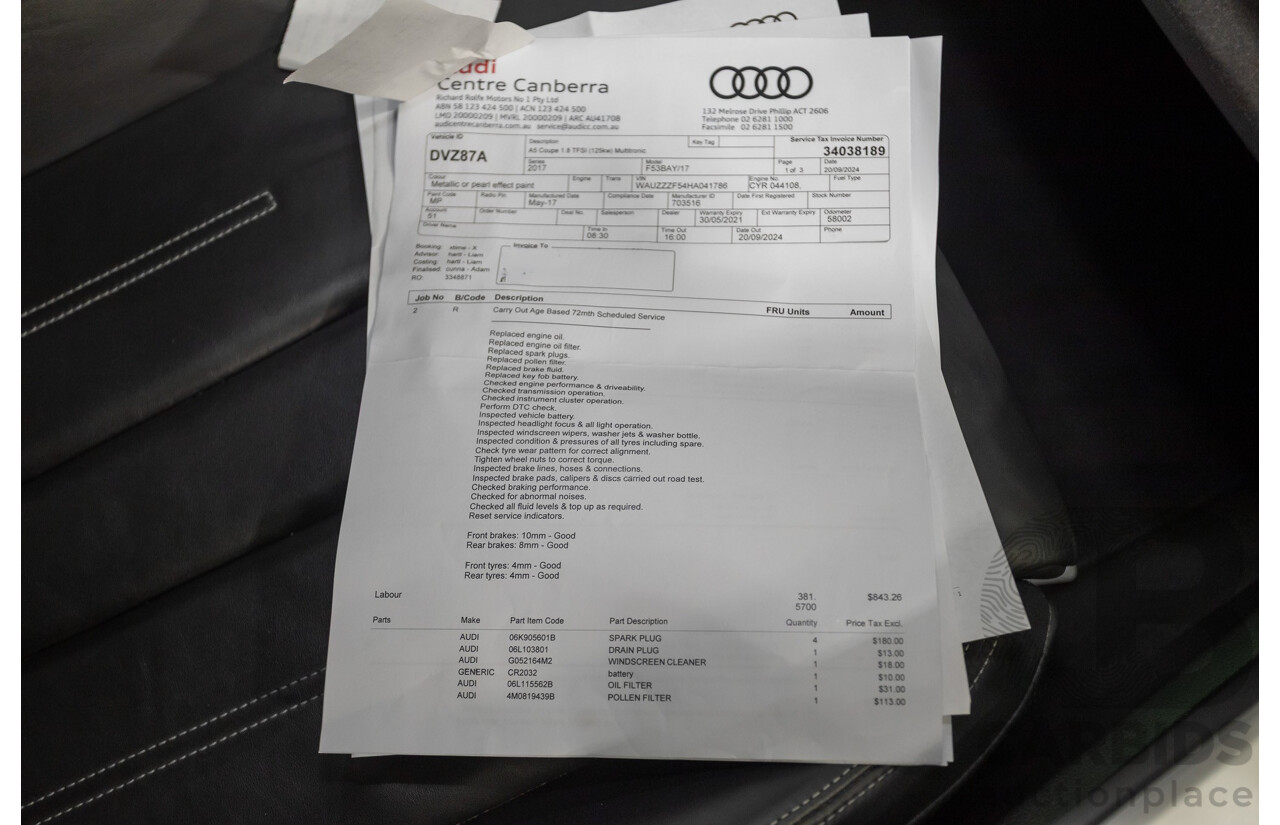 11/2017 Audi A5 2.0 TFSI Quattro S Tronic Sport (AWD) F5 MY18 2D Coupe Glacier White Metallic Turbo 2.0L