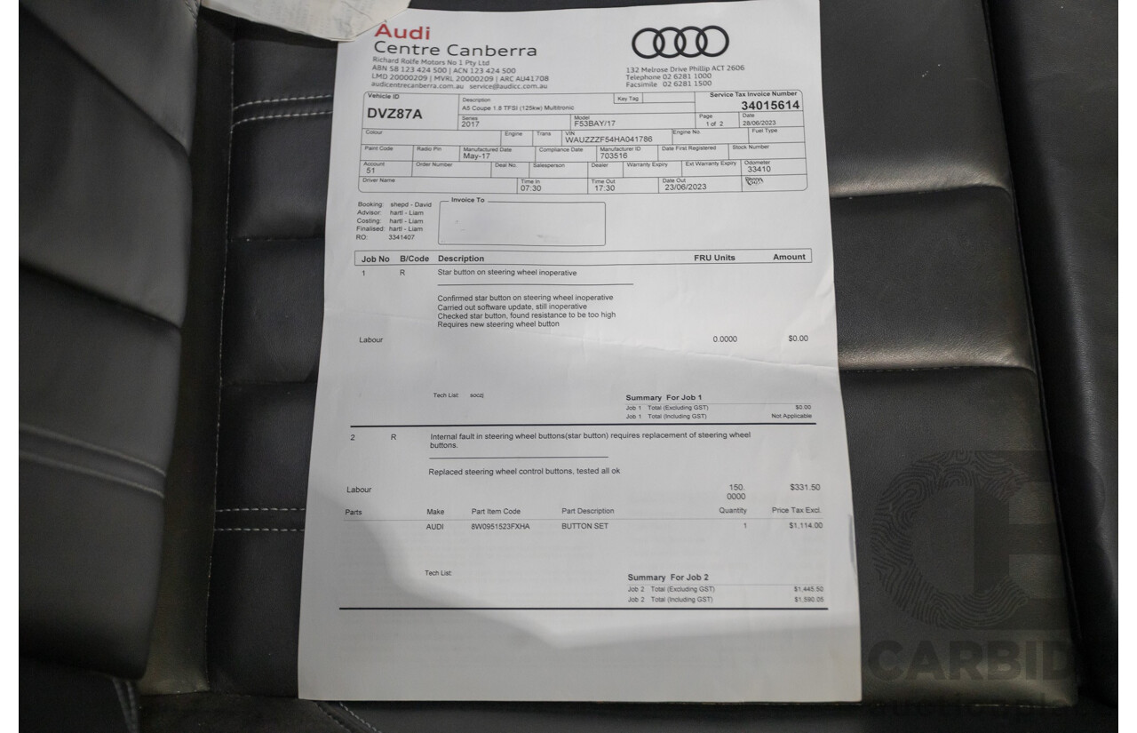 11/2017 Audi A5 2.0 TFSI Quattro S Tronic Sport (AWD) F5 MY18 2D Coupe Glacier White Metallic Turbo 2.0L