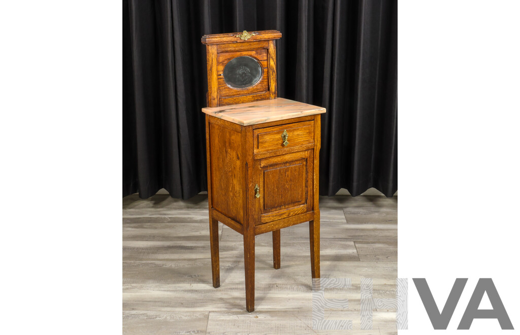Late Edwardian Oak Mirrored Back Bedside with Marble Top