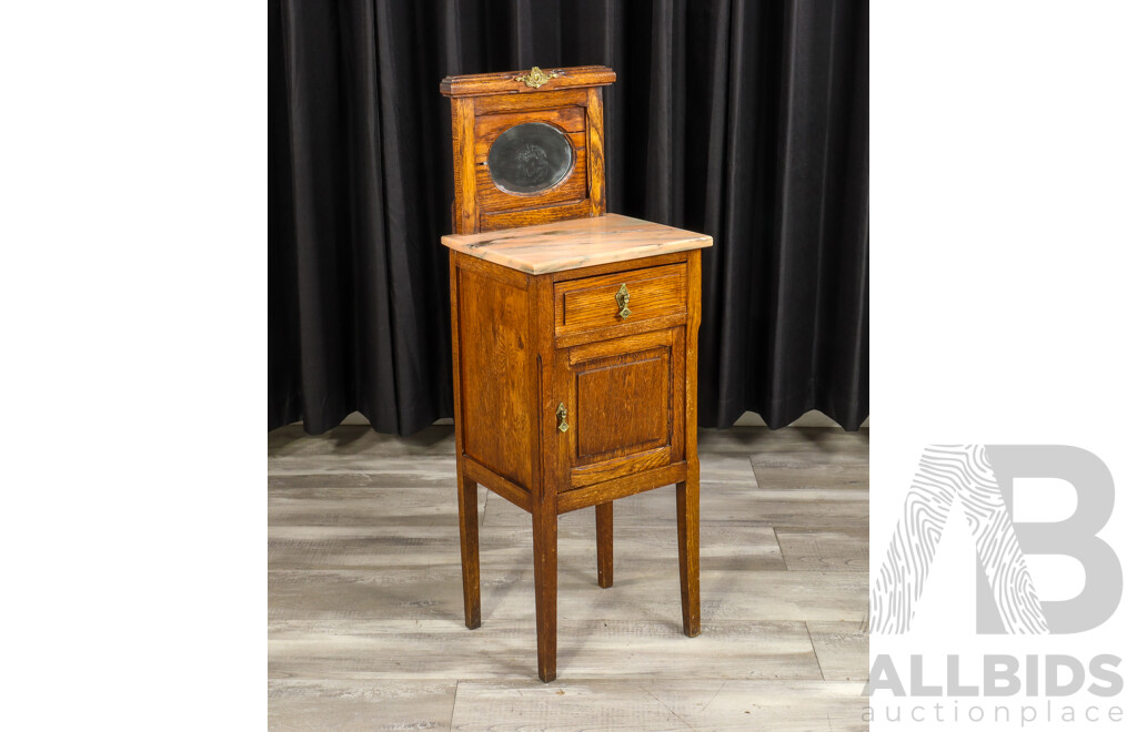 Late Edwardian Oak Mirrored Back Bedside with Marble Top