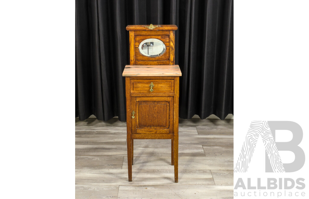 Late Edwardian Oak Mirrored Back Bedside with Marble Top