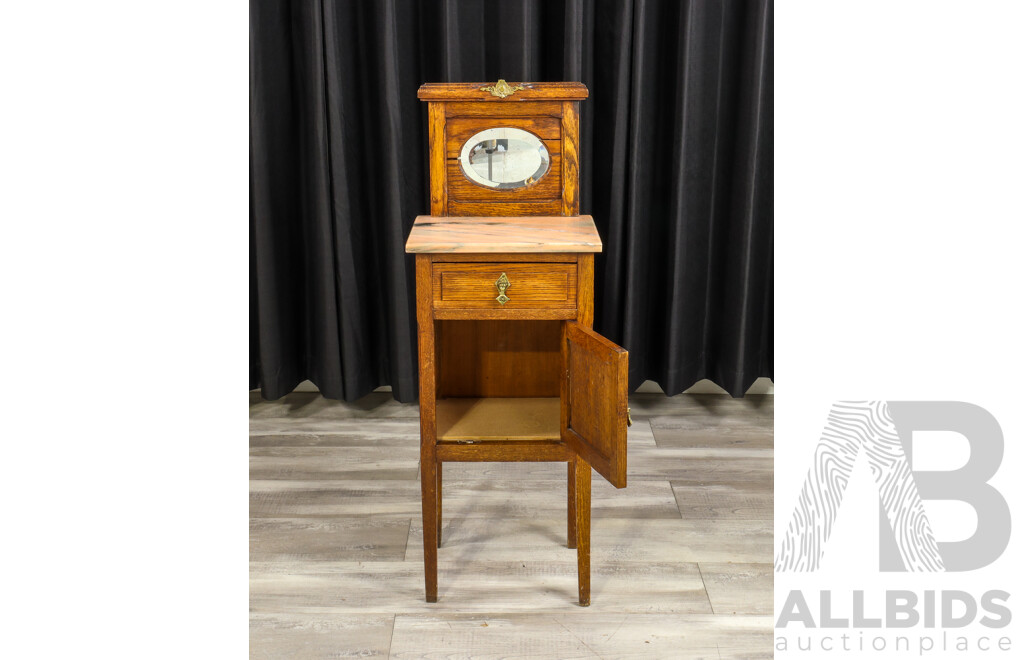 Late Edwardian Oak Mirrored Back Bedside with Marble Top